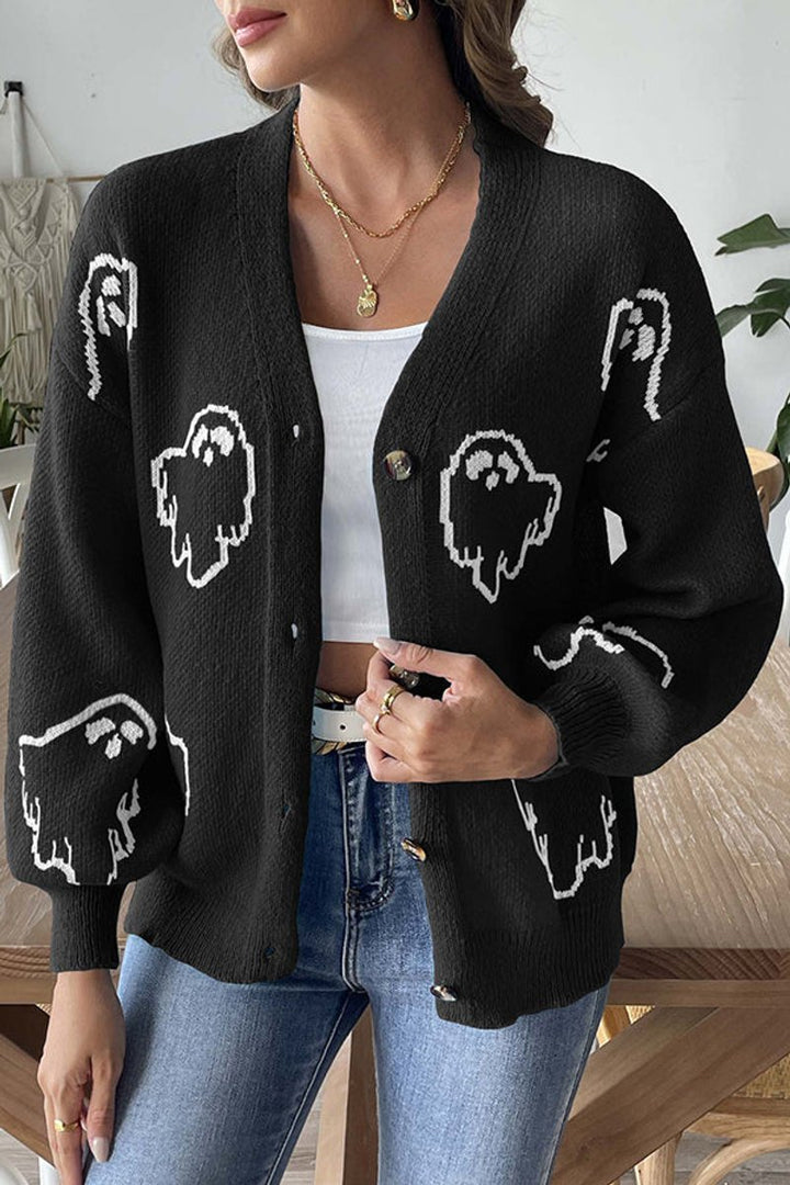 Women's Halloween Ghost Button-Front Knit Cardigan Sweater