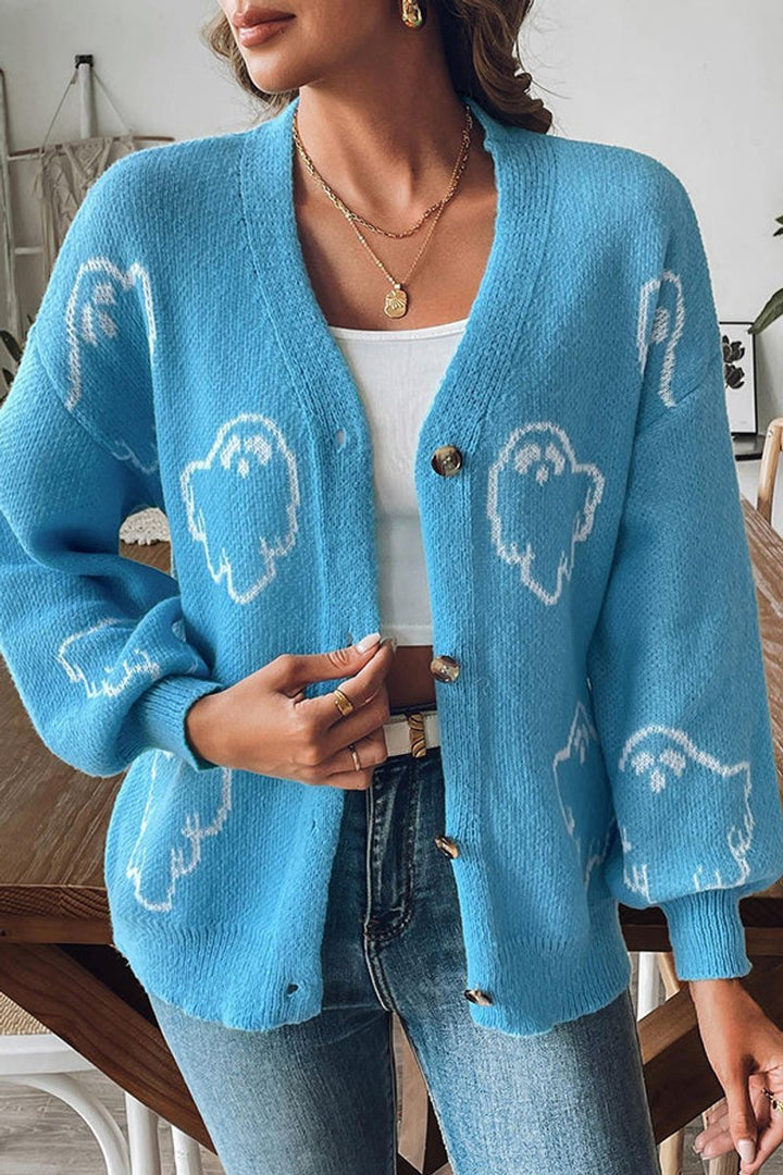 Women's Halloween Ghost Button-Front Knit Cardigan Sweater - Blue