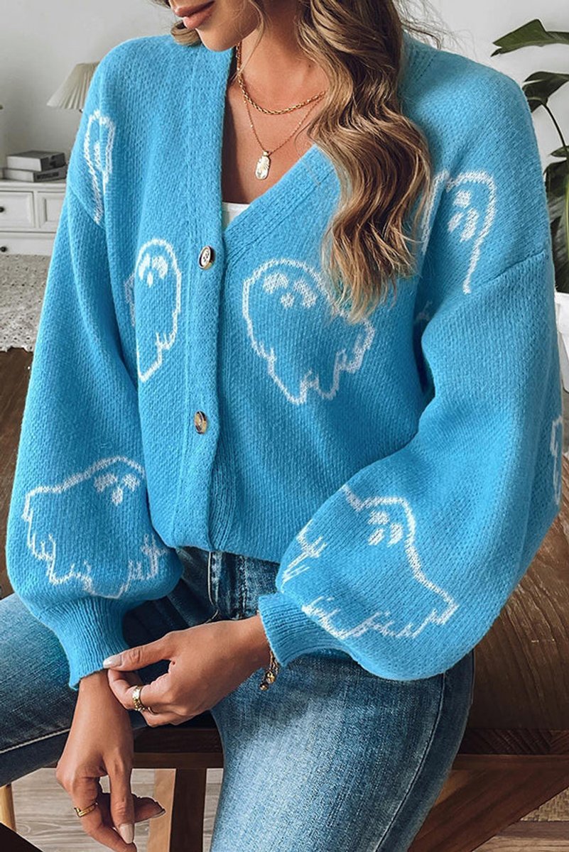 Women's Halloween Ghost Button-Front Knit Cardigan Sweater