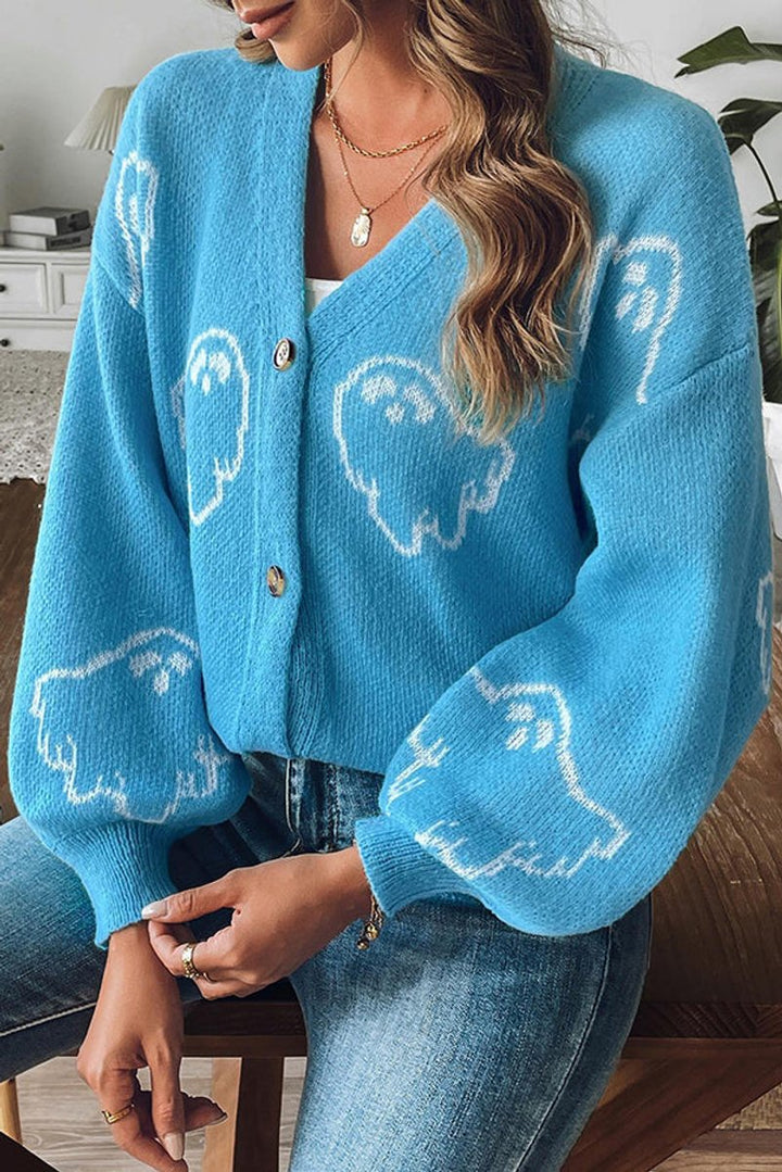 Women's Halloween Ghost Button-Front Knit Cardigan Sweater