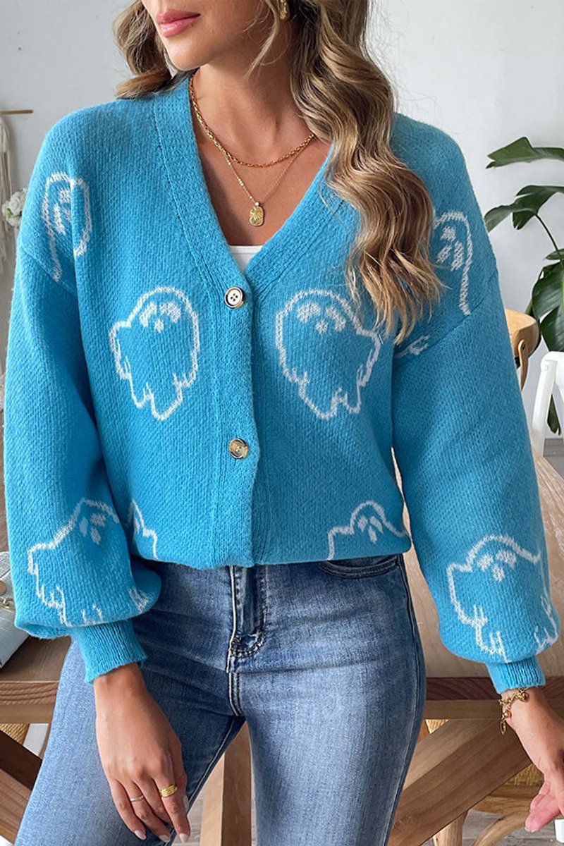 Women's Halloween Ghost Button-Front Knit Cardigan Sweater