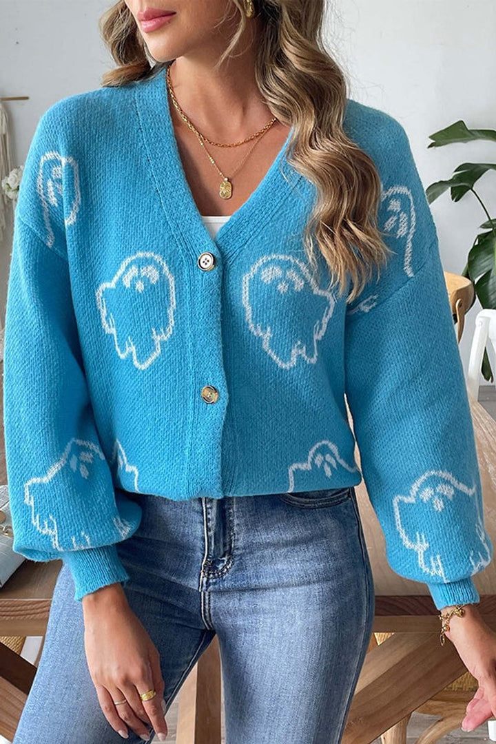 Women's Halloween Ghost Button-Front Knit Cardigan Sweater
