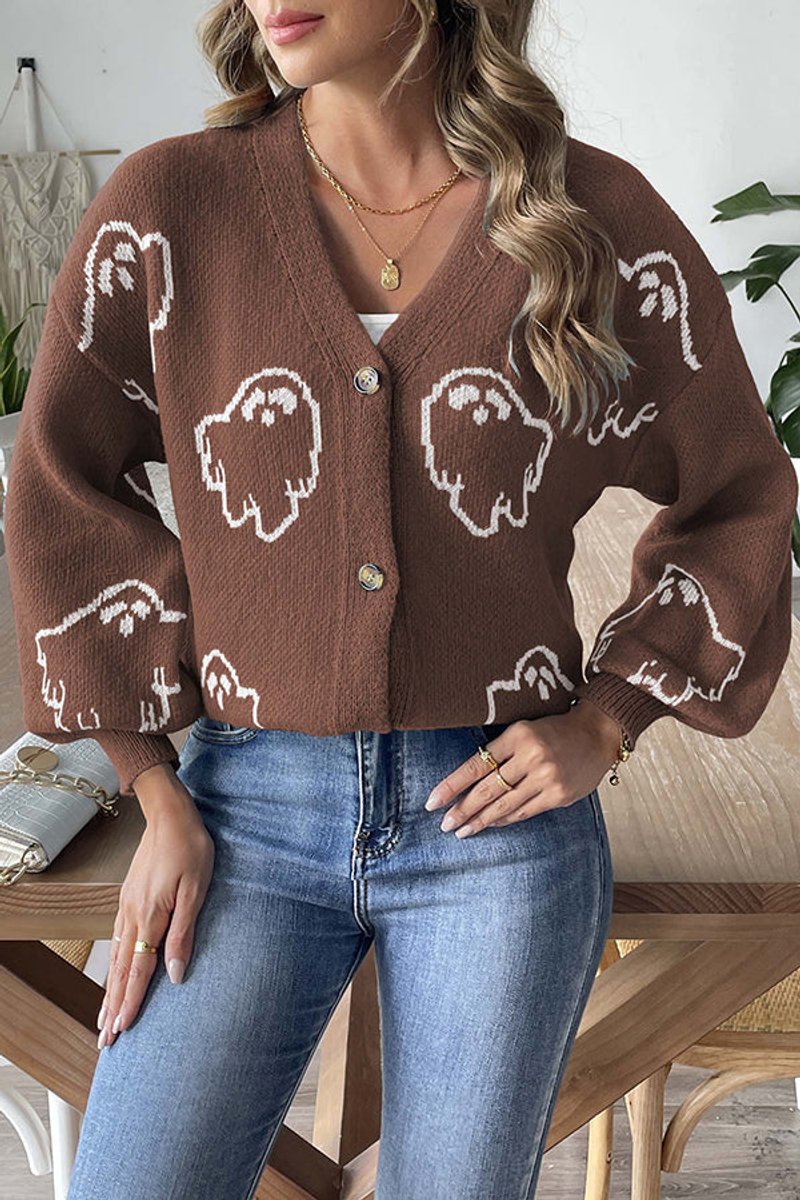 Women's Halloween Ghost Button-Front Knit Cardigan Sweater