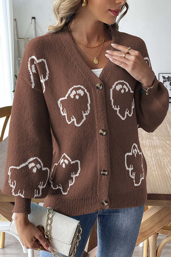 Women's Halloween Ghost Button-Front Knit Cardigan Sweater