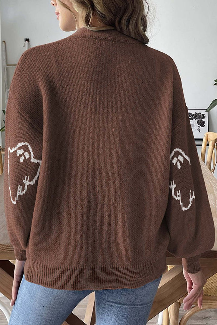 Women's Halloween Ghost Button-Front Knit Cardigan Sweater