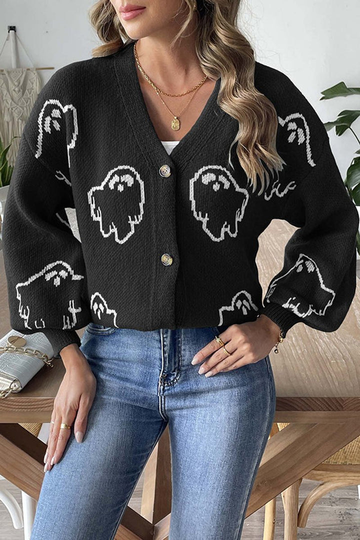 Women's Halloween Ghost Button-Front Knit Cardigan Sweater