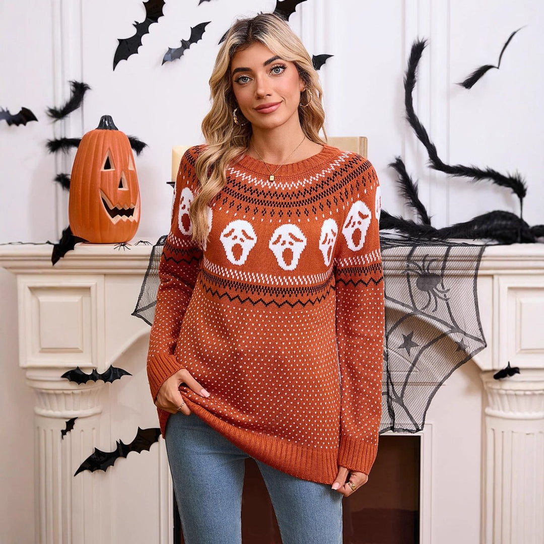 Women's Halloween Ghost Knit Crewneck Long Sleeve Sweater