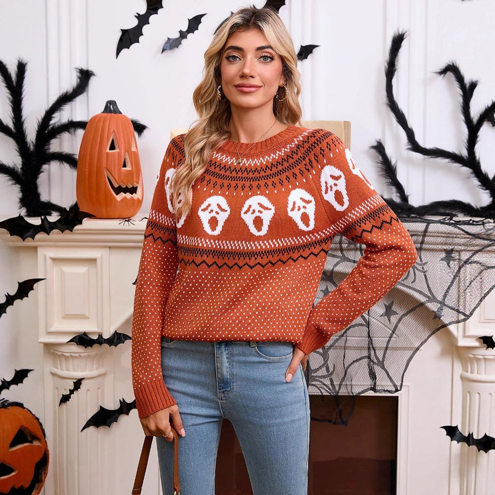 Women's Halloween Ghost Knit Crewneck Long Sleeve Sweater