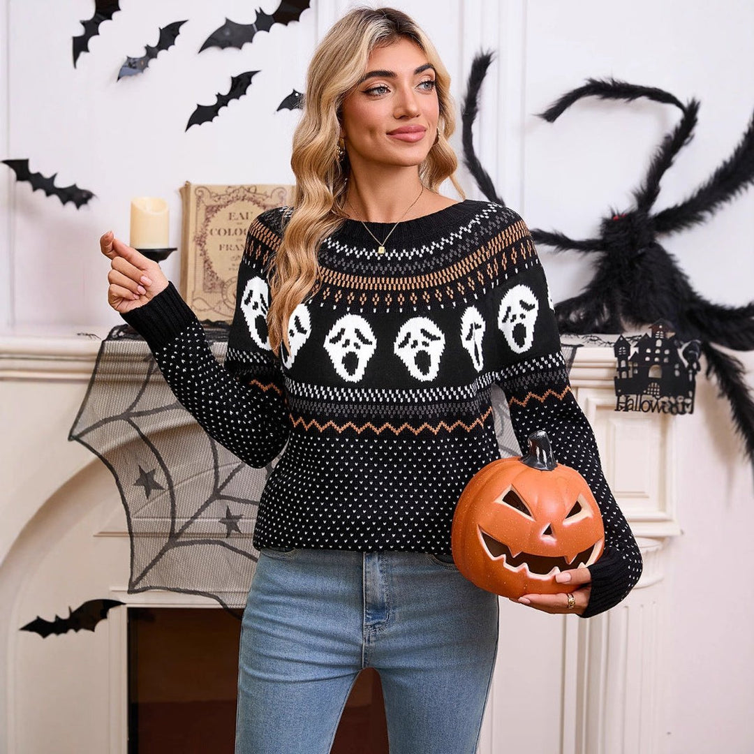 Women's Halloween Ghost Knit Crewneck Long Sleeve Sweater