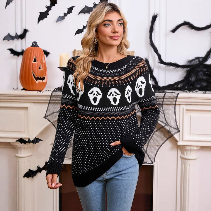 Women's Halloween Ghost Knit Crewneck Long Sleeve Sweater