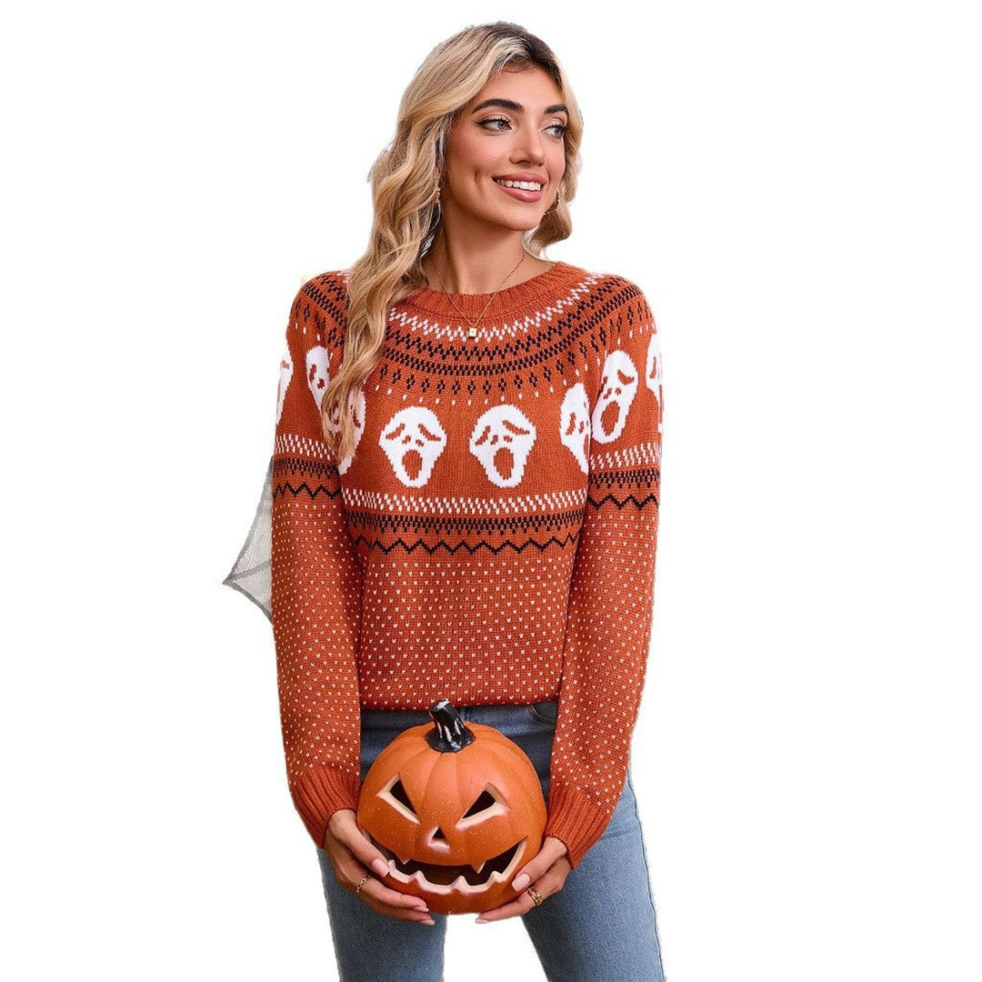 Women's Halloween Ghost Knit Crewneck Long Sleeve Sweater