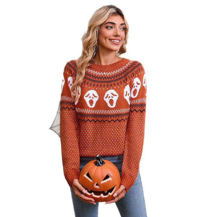 Women's Halloween Ghost Knit Crewneck Long Sleeve Sweater