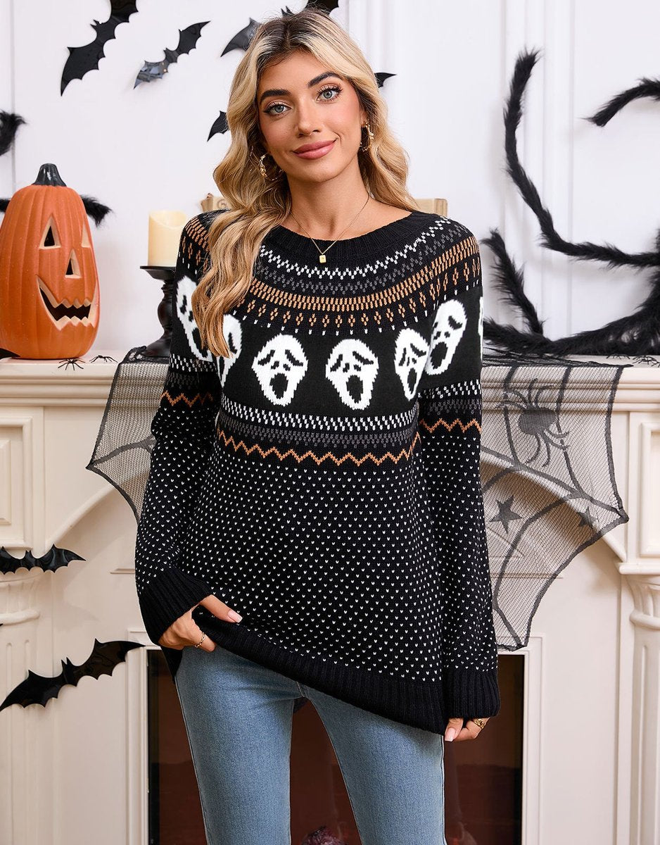Women's Halloween Ghost Knit Crewneck Long Sleeve Sweater - Black