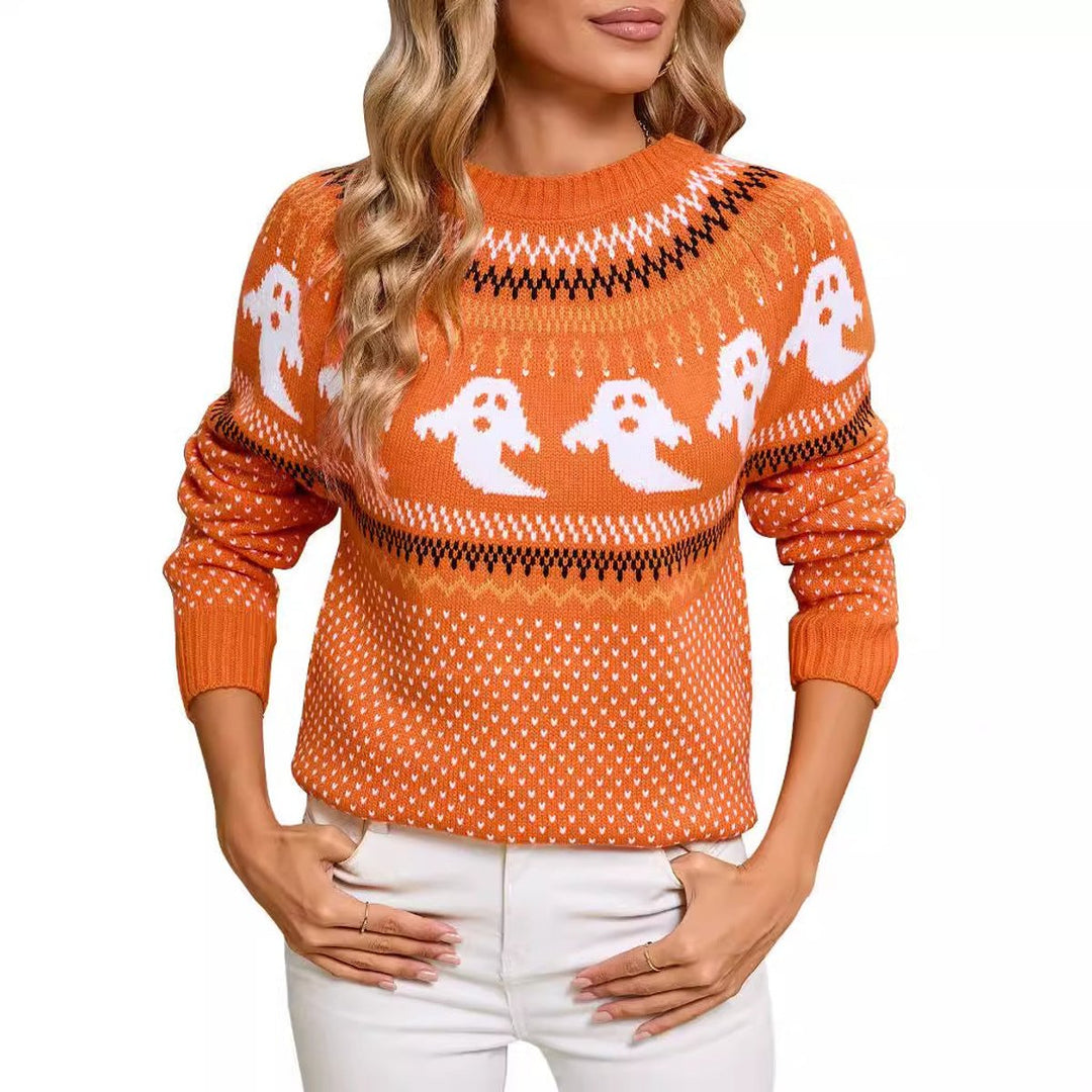 Women's Halloween Ghost Print Crewneck Knit Sweater