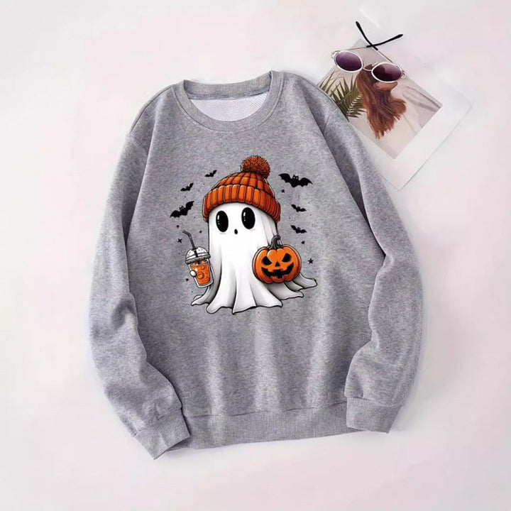 Women's Halloween Ghost Pumpkin Graphic Crewneck Sweatshirt - Light Gray