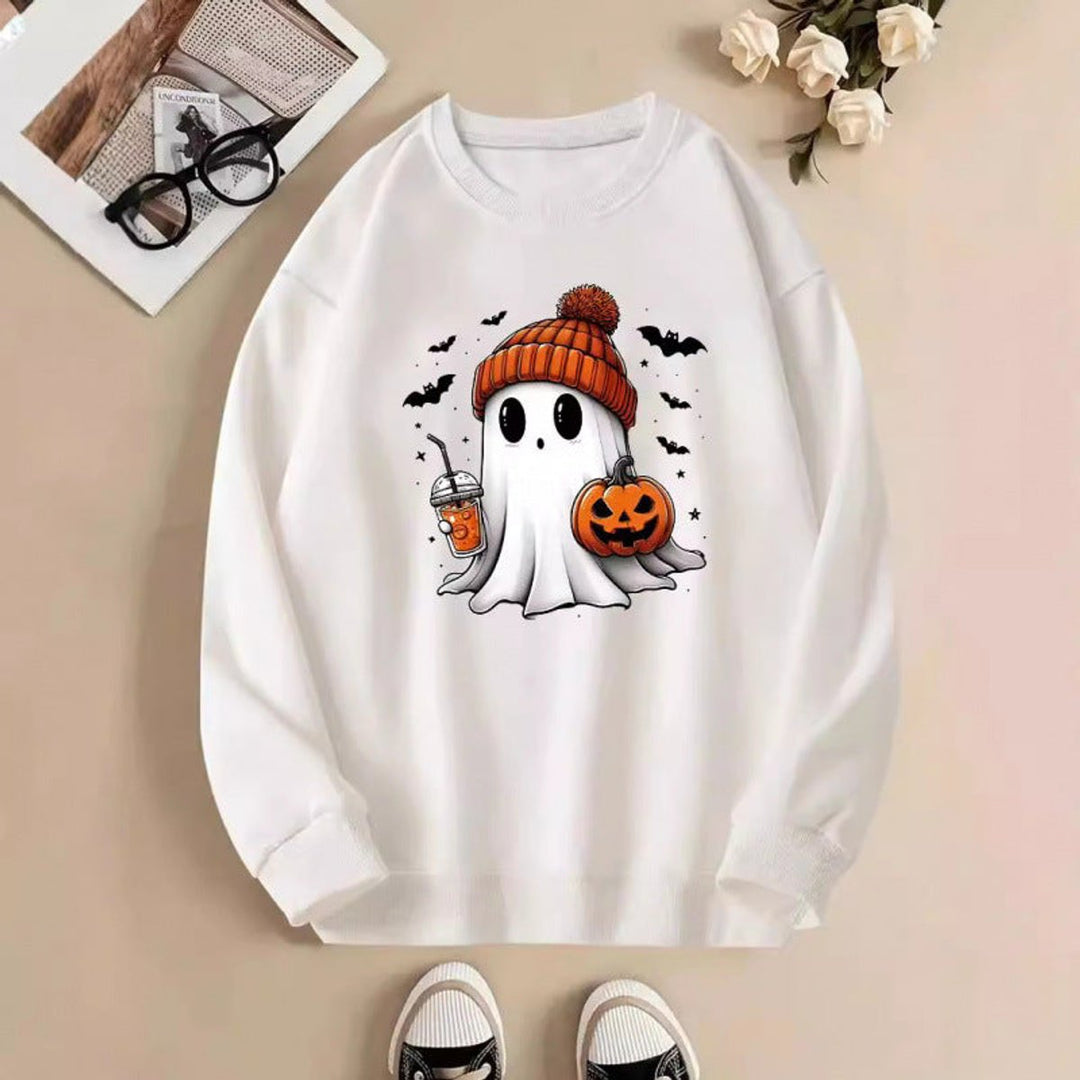 Women's Halloween Ghost Pumpkin Graphic Crewneck Sweatshirt - White