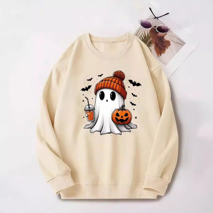 Women's Halloween Ghost Pumpkin Graphic Crewneck Sweatshirt - Apricot