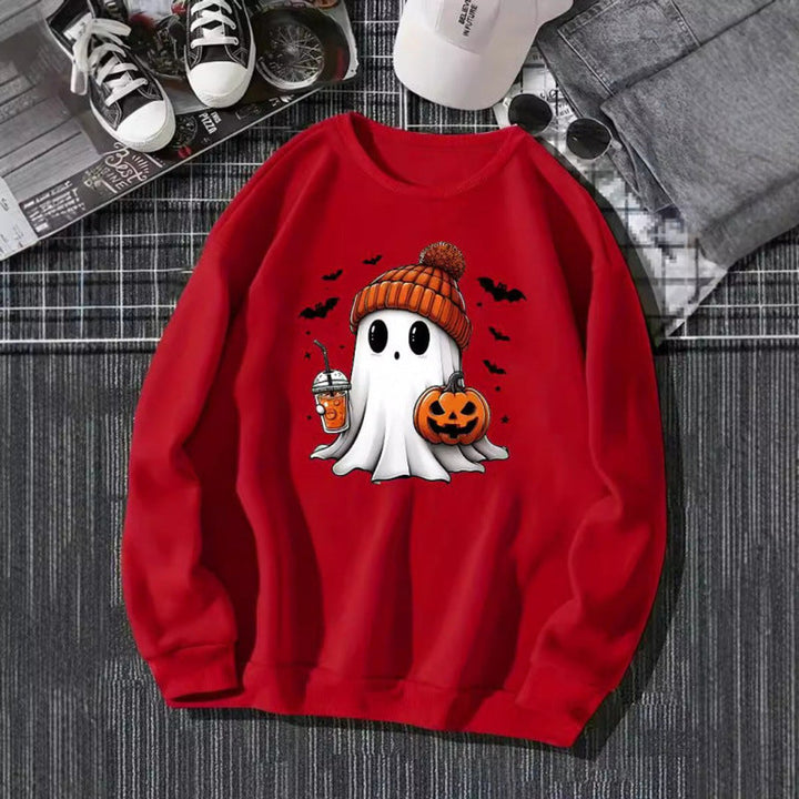 Women's Halloween Ghost Pumpkin Graphic Crewneck Sweatshirt - Red