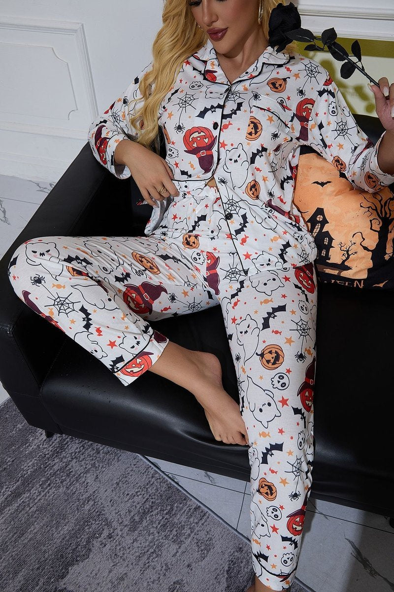 Women's Halloween Ghost Pumpkin Print Button-Up Pajama Set - White