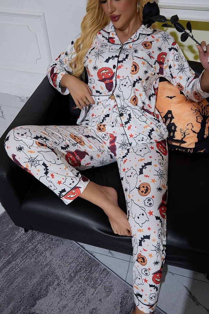 Women's Halloween Ghost Pumpkin Print Button-Up Pajama Set - White