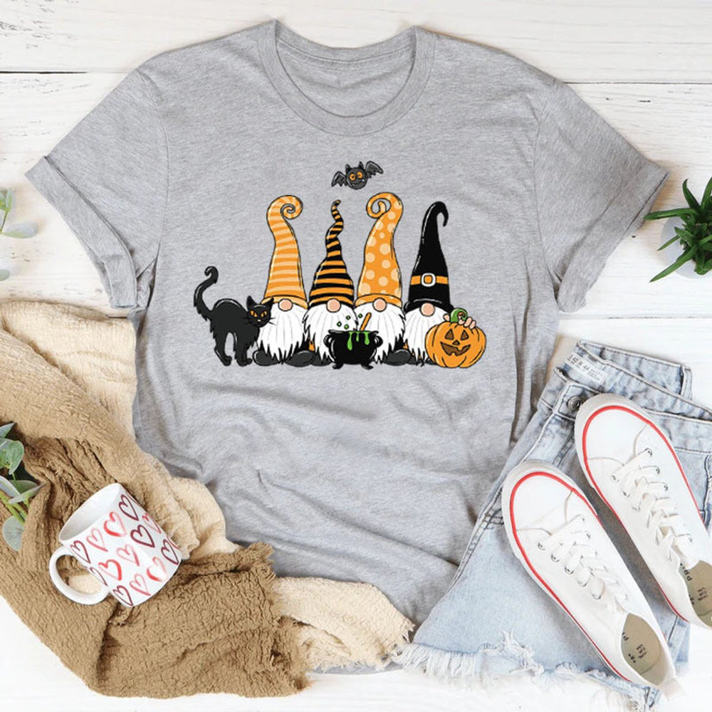 Women's Halloween Gnome Graphic Cotton Crew-Neck Tee - Light Gray