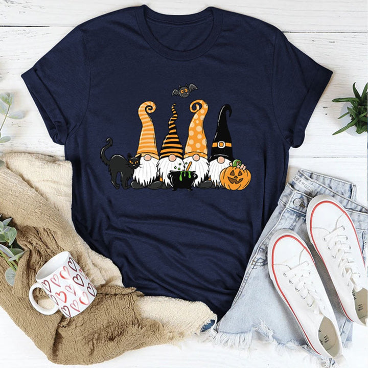 Women's Halloween Gnome Graphic Cotton Crew-Neck Tee - Navy