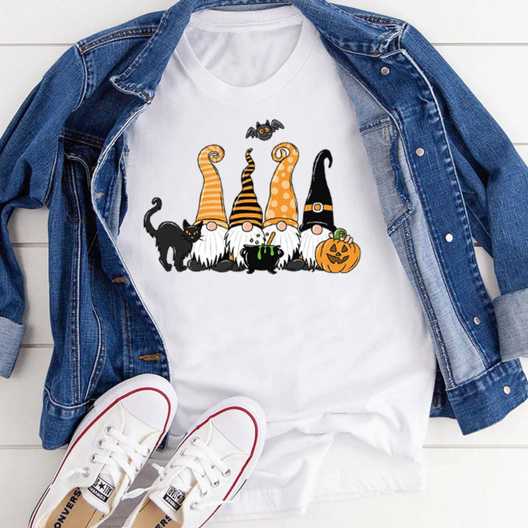 Women's Halloween Gnome Graphic Cotton Crew-Neck Tee - White