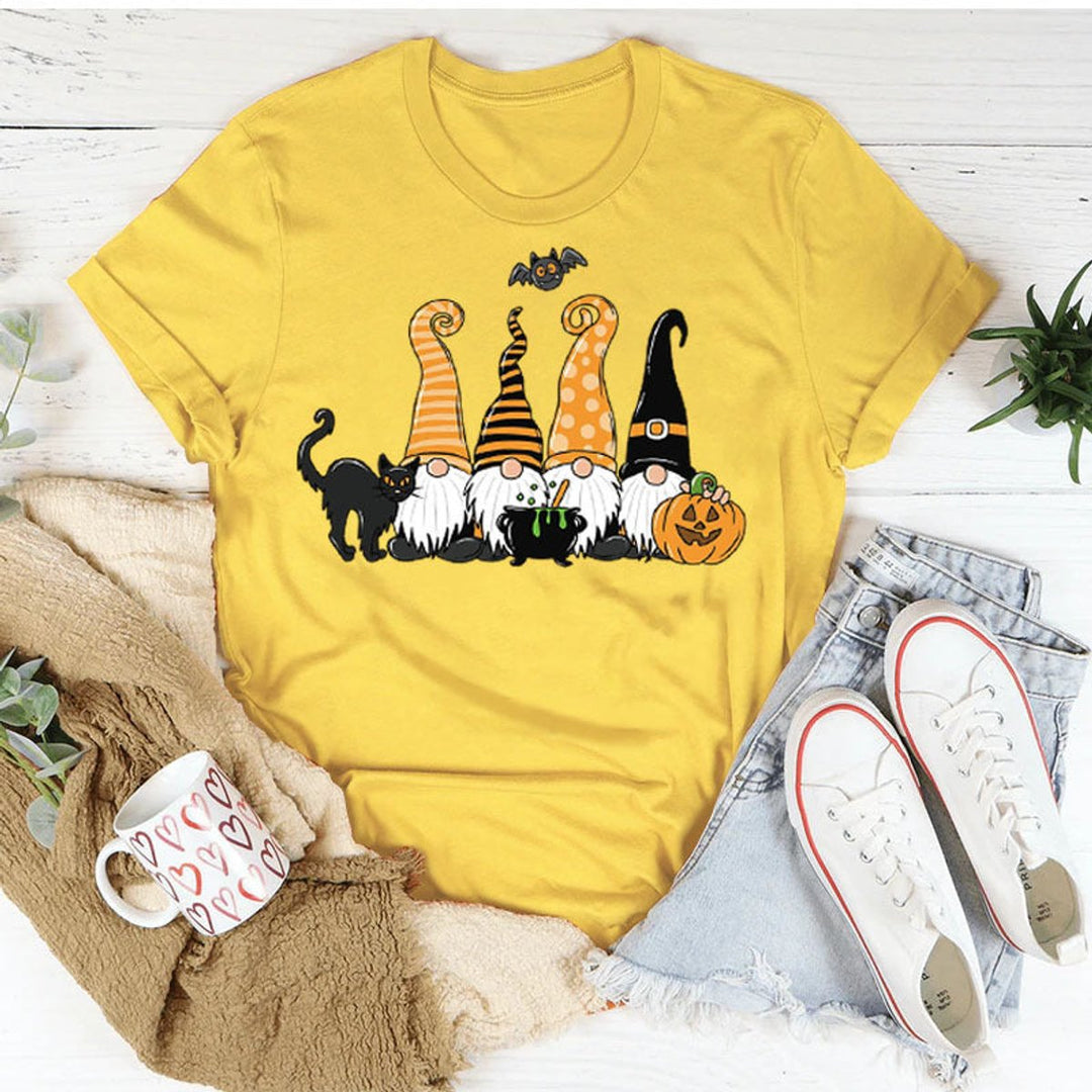 Women's Halloween Gnome Graphic Cotton Crew-Neck Tee - Yellow