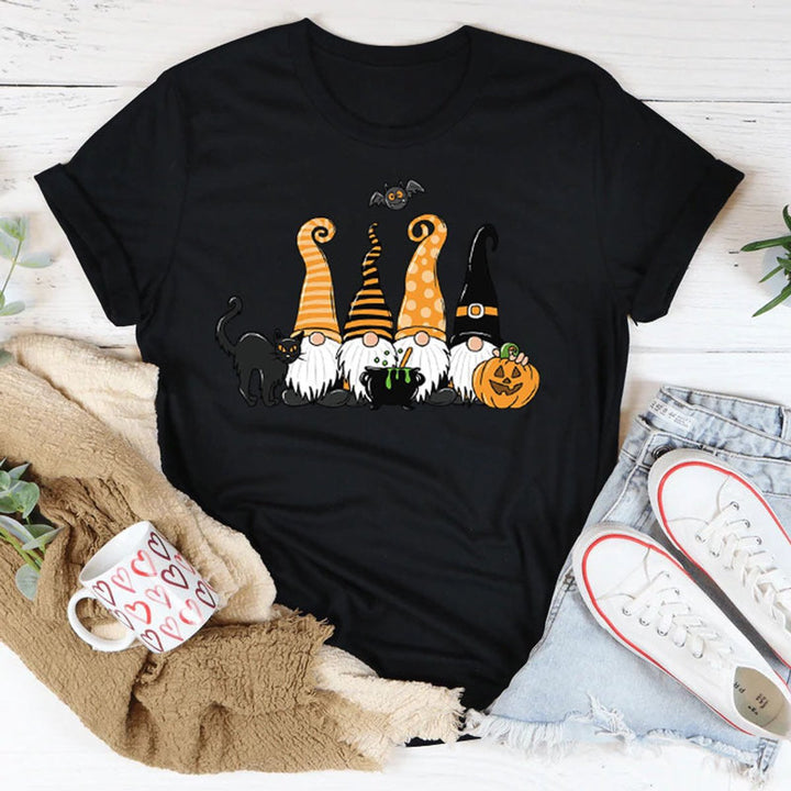 Women's Halloween Gnome Graphic Cotton Crew-Neck Tee - Black