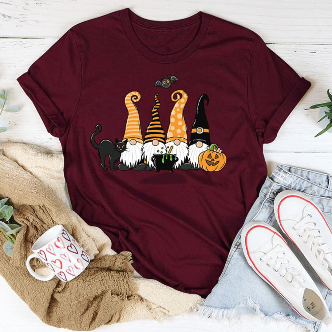 Women's Halloween Gnome Graphic Cotton Crew-Neck Tee - Burgundy