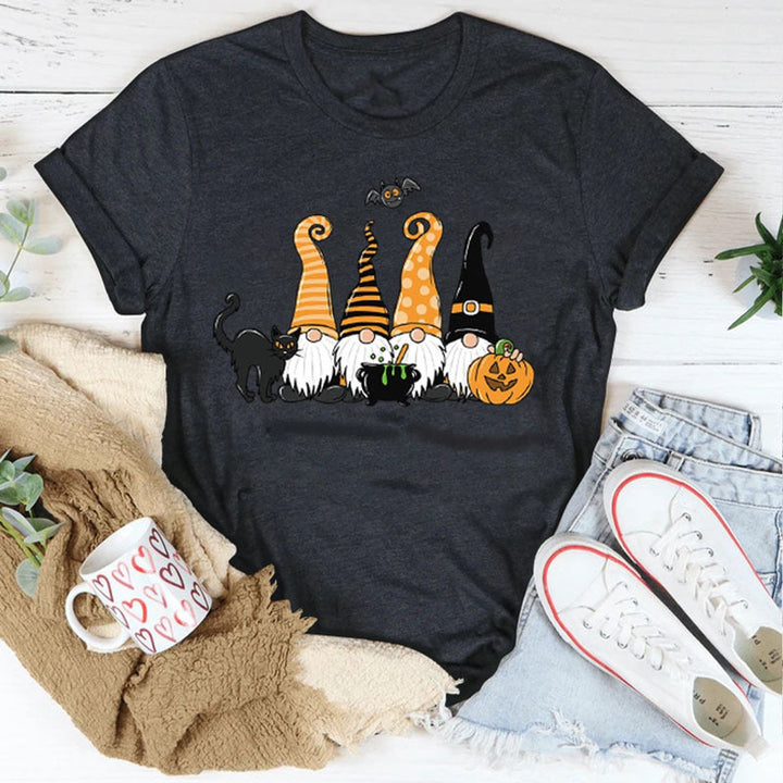 Women's Halloween Gnome Graphic Cotton Crew-Neck Tee - Black Gray