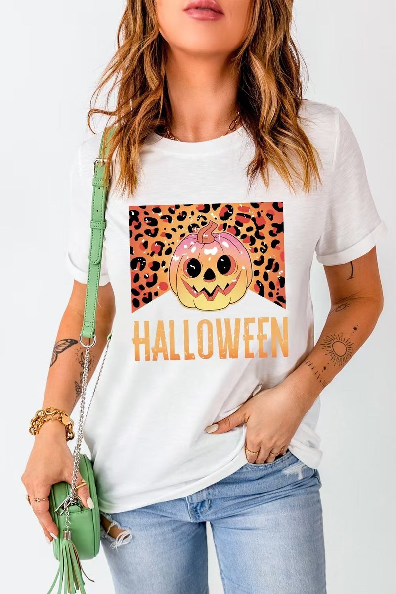 Women's Halloween Graphic Leopard Print Oversized Tee - White