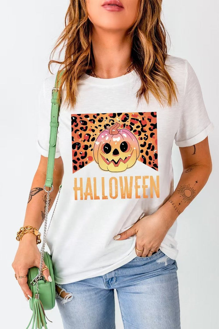 Women's Halloween Graphic Leopard Print Oversized Tee - White