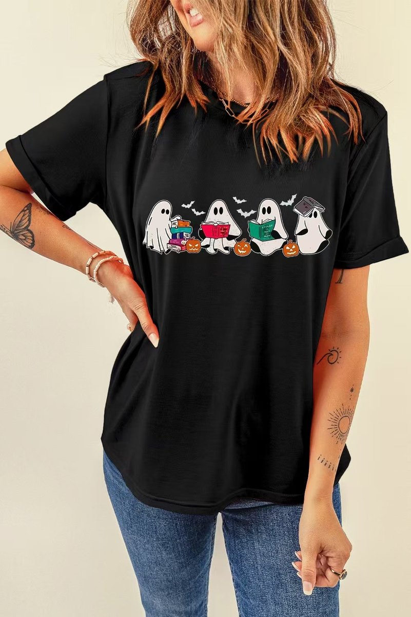 Women's Halloween Graphic Leopard Print Oversized Tee - Black