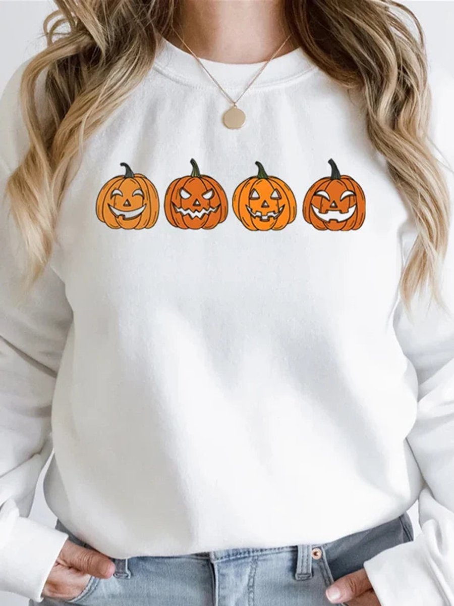 Women's Halloween Jack-O-Lantern Graphic Crewneck Sweatshirt - White