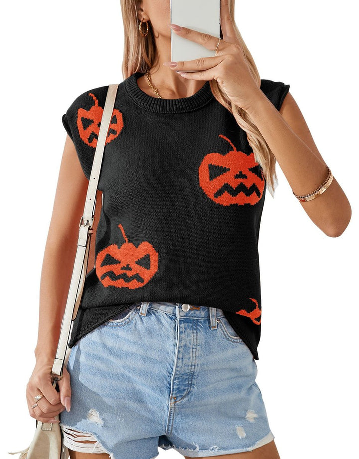 Women's Halloween Jack-o-Lantern Knit Sleeveless Sweater Top - Black