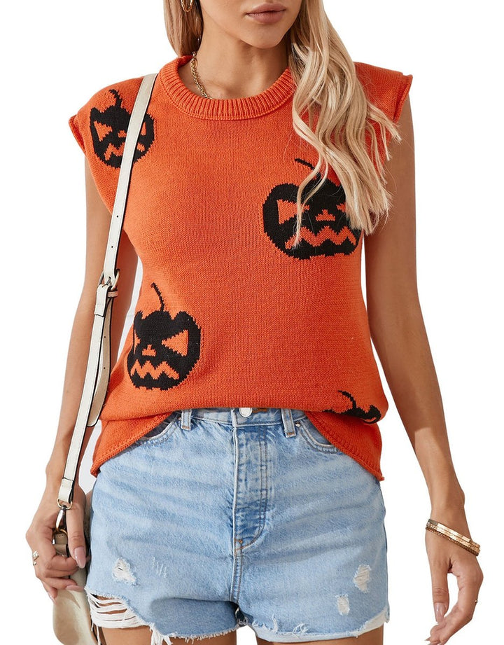 Women's Halloween Jack-o-Lantern Knit Sleeveless Sweater Top - Orange