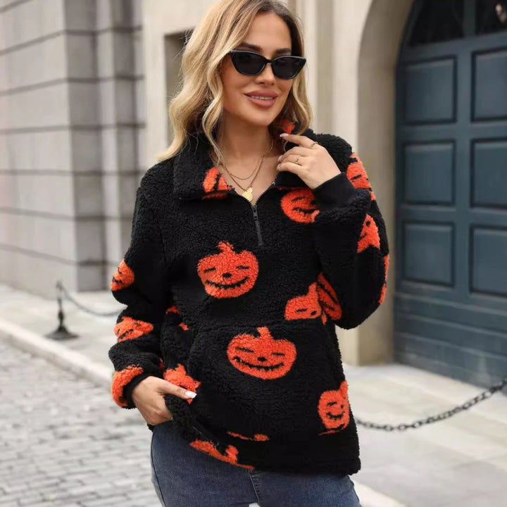 Women's Halloween Jack-o-Lantern Sherpa Half-Zip Pullover Sweater