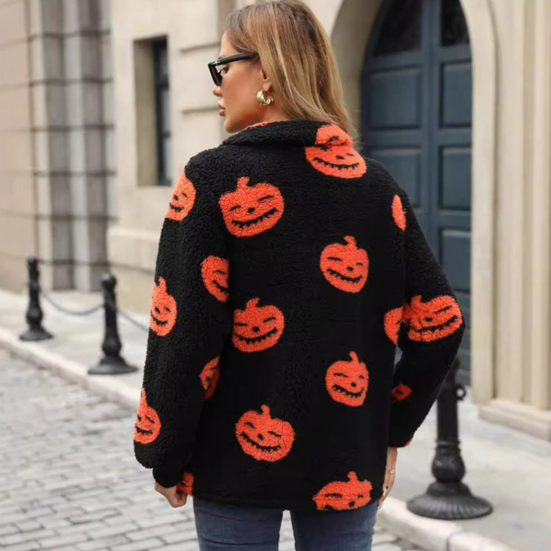 Women's Halloween Jack-o-Lantern Sherpa Half-Zip Pullover Sweater