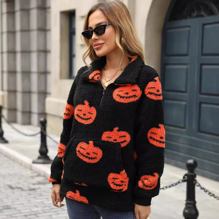 Women's Halloween Jack-o-Lantern Sherpa Half-Zip Pullover Sweater