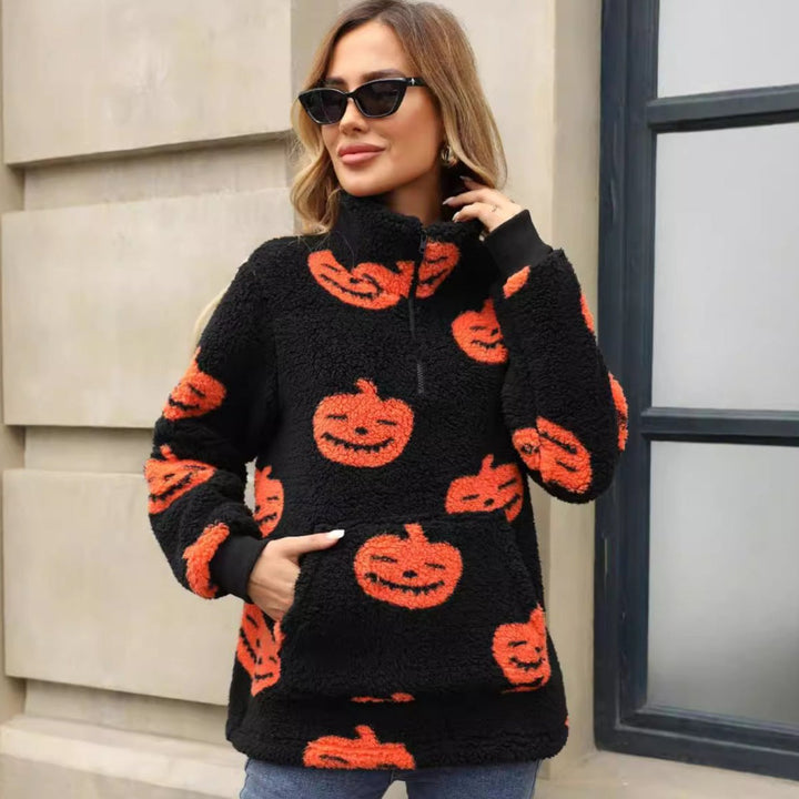 Women's Halloween Jack-o-Lantern Sherpa Half-Zip Pullover Sweater