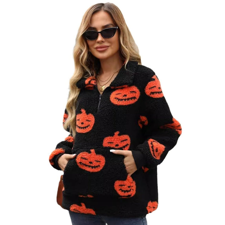 Women's Halloween Jack-o-Lantern Sherpa Half-Zip Pullover Sweater
