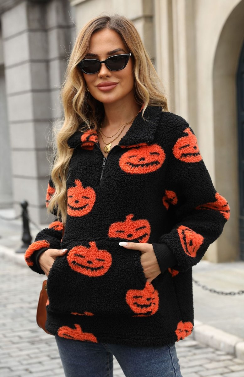 Women's Halloween Jack-o-Lantern Sherpa Half-Zip Pullover Sweater - Black