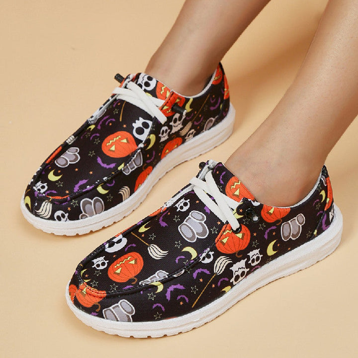 Women's Halloween Print Breathable Lace-Up Canvas Sneakers - Black