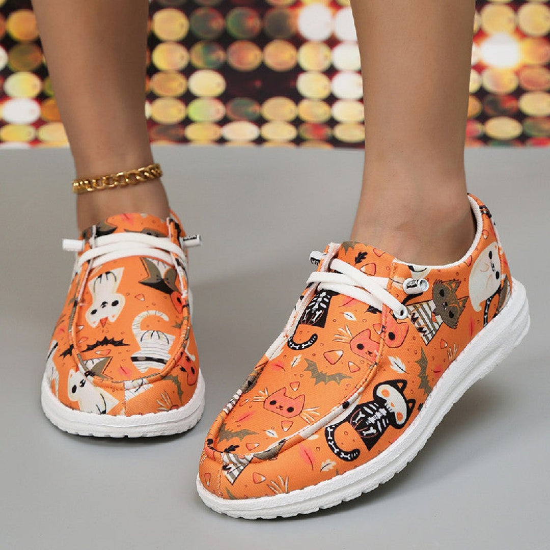 Women's Halloween Print Breathable Lace-Up Canvas Sneakers - Orange