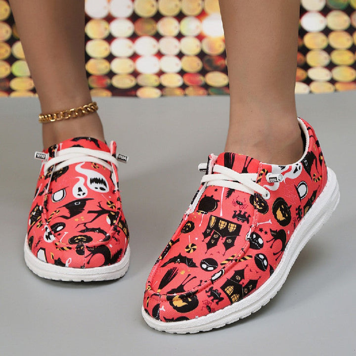 Women's Halloween Print Breathable Lace-Up Canvas Sneakers - Fuchsia