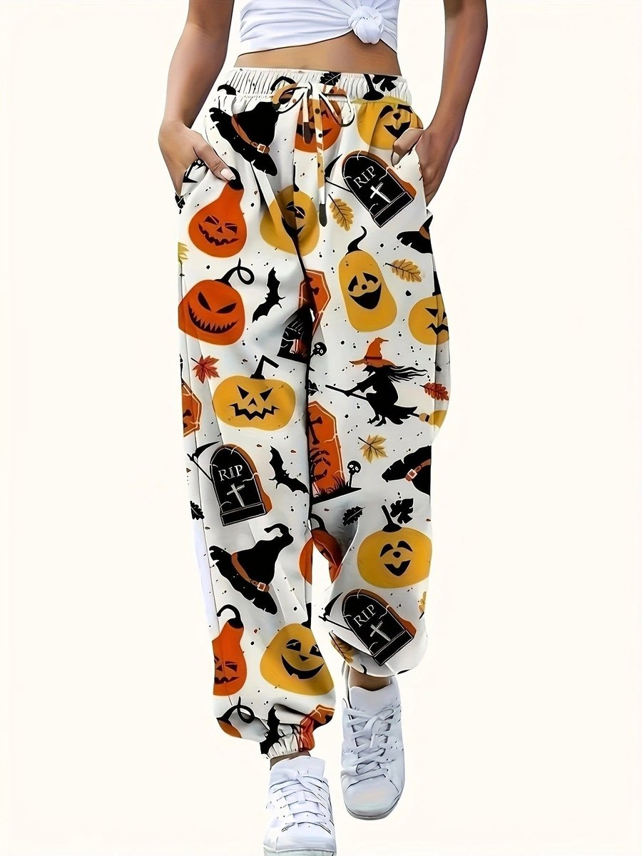 Women's Halloween Print Elastic Waist Drawstring Jogger Pants - White