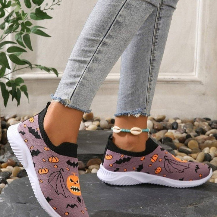 Women's Halloween Pumpkin Bat Slip-On Knit Sneakers