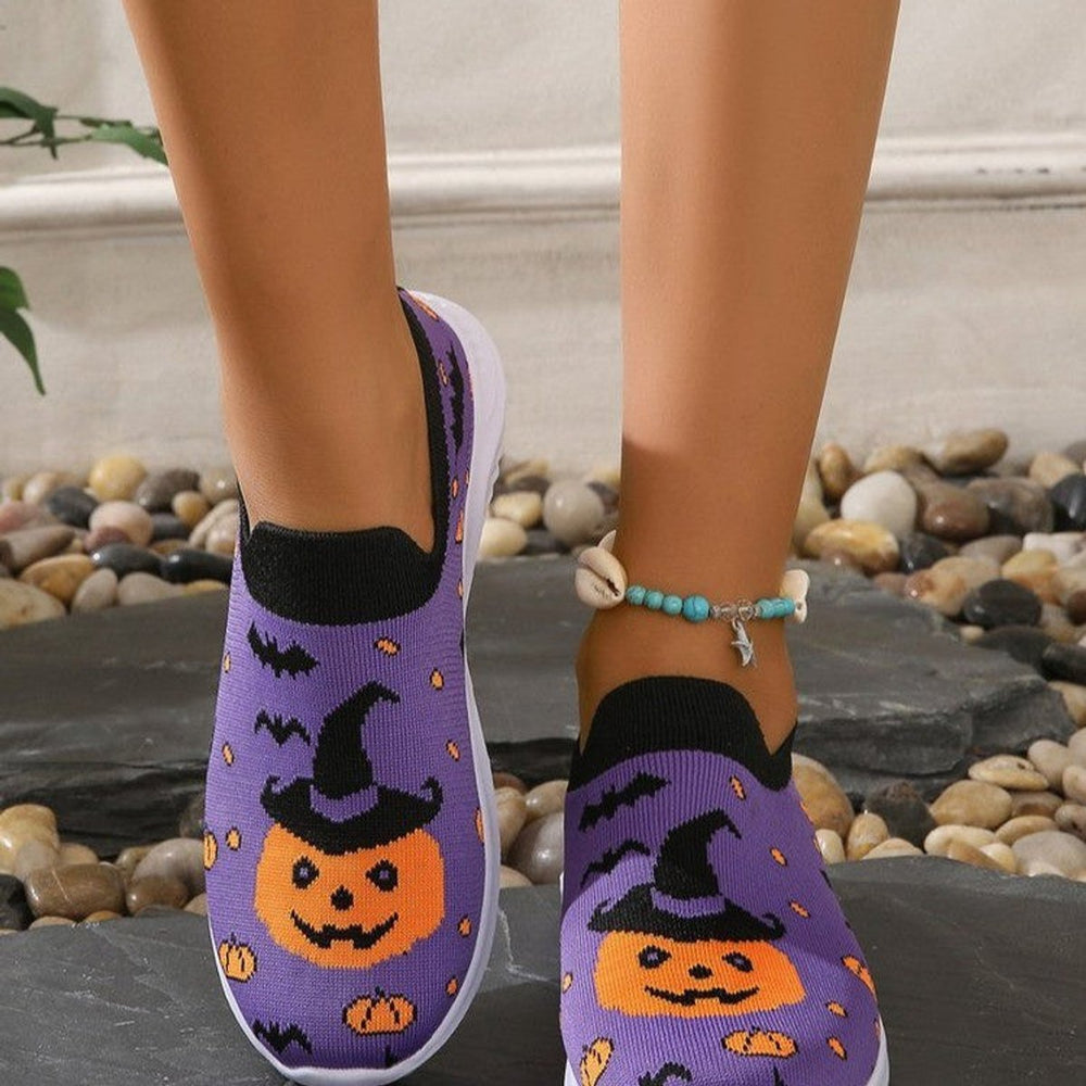 Women's Halloween Pumpkin Bat Slip-On Knit Sneakers