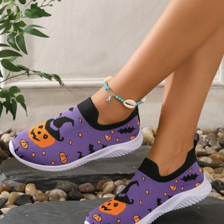 Women's Halloween Pumpkin Bat Slip-On Knit Sneakers